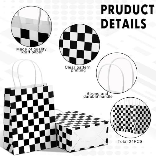 Bolsitas de Regalo Gersoniel de 24 Piezas con Diseño a Cuadros en Blanco y Negro para Fiesta de Carreras, Bolsas de Papel Kraft para Dulces y - imagen 3