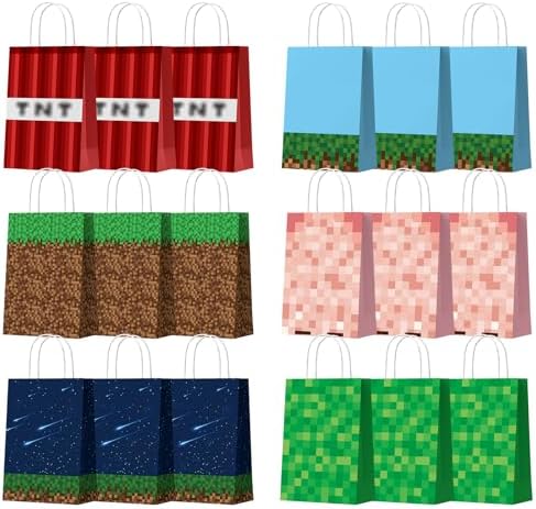 Bolsas de Fiesta Pixel de EARTH'SCODE 18 Piezas con Asas, 4 Tatuajes Temporales, Bolsas de Regalo Temáticas de Videojuegos para Cumpleaños y - imagen 1
