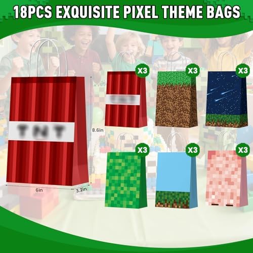 Bolsas de Fiesta Pixel de EARTH'SCODE 18 Piezas con Asas, 4 Tatuajes Temporales, Bolsas de Regalo Temáticas de Videojuegos para Cumpleaños y - imagen 2