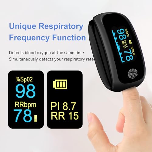 Oxímetro de pulso recargable con respiración, lectura precisa de O2, frecuencia de pulso y RR, no para uso médico, color negro - imagen 3