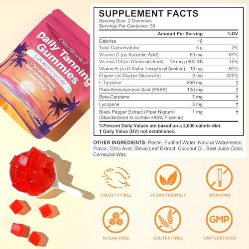 Gomitas Bronceadoras Diarias EIFTG - Brillo Natural Sin Sol - Con L-Tirosina y Beta-Caroteno para Mejorar el Bronceado, Cuidar y Proteger la Piel, - imagen 3