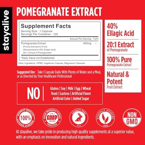 Cápsulas de Extracto de Granada STAY ALIVE, 20:1 Super Extracto con 40% Ácido Elágico, 120 Contenido, Suplemento Natural Sin OGM y Sin Gluten para - imagen 2