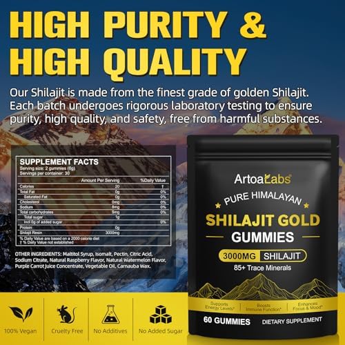 Gomitas de Shilajit para Hombres y Mujeres, Shilajit Dorado Himalayo 100% Natural con Ashwagandha y Gokshura, 60 Gomitas Ricas en Minerales - imagen 2