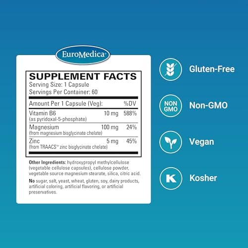EuroMedica Magnesio + P-5-P - Suplemento para la Salud Ósea y Cardiaca - Con Vitamina B6, Zinc y Magnesio - Cápsulas Veganas de 60 Unidades - imagen 2