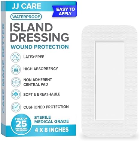 Jeringa Adhesiva Impermeable JJ CARE [Paquete de 25], Gasa Estéril con Bordes de 4” x 8”, Vendaje de Isla Transpirable, Gasas Adhesivas Envuelta - imagen 1
