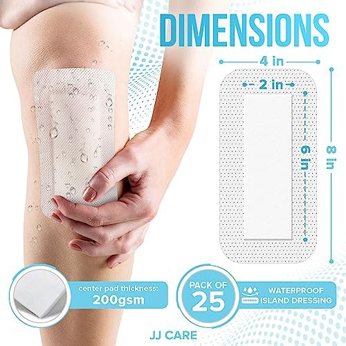 Jeringa Adhesiva Impermeable JJ CARE [Paquete de 25], Gasa Estéril con Bordes de 4” x 8”, Vendaje de Isla Transpirable, Gasas Adhesivas Envuelta - imagen 2