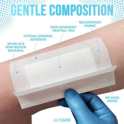 Jeringa Adhesiva Impermeable JJ CARE [Paquete de 25], Gasa Estéril con Bordes de 4” x 8”, Vendaje de Isla Transpirable, Gasas Adhesivas Envuelta - imagen 3