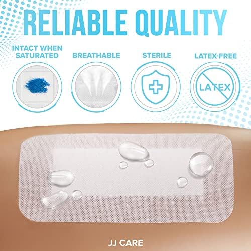 Jeringa Adhesiva Impermeable JJ CARE [Paquete de 25], Gasa Estéril con Bordes de 4” x 8”, Vendaje de Isla Transpirable, Gasas Adhesivas Envuelta - imagen 4