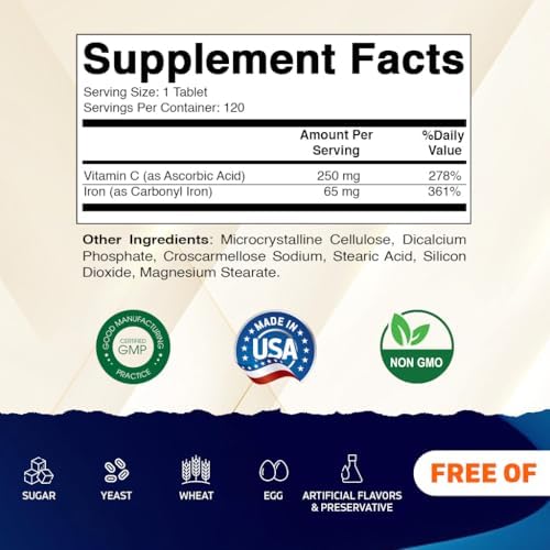 Suplemento de Hierro Carbonilo Vitamatic 65 mg con Vitamina C – Suplemento Suave para Energía y Soporte Inmunológico – Alta Absorción – 120 Tabletas - imagen 2