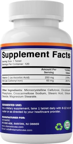 Suplemento de Hierro Carbonilo Vitamatic 65 mg con Vitamina C – Suplemento Suave para Energía y Soporte Inmunológico – Alta Absorción – 120 Tabletas - imagen 8