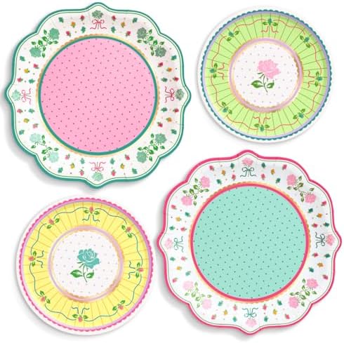 Platos para Fiesta de Té xo, Fetti - Paquete de 32, 16 de 9 + 16 de 7 | Decoraciones de Jardín, Cumpleaños, Pastel Rosa Verde Amarillo, Pascua, - imagen 1