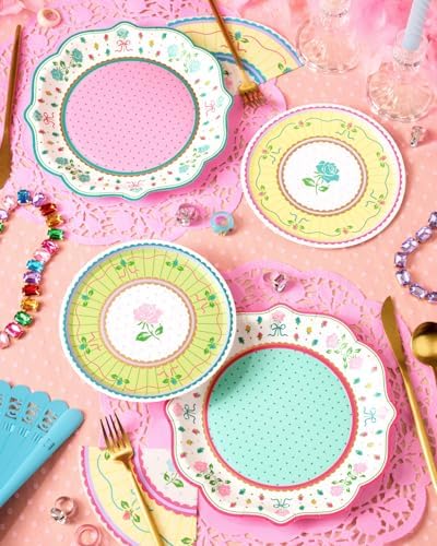 Platos para Fiesta de Té xo, Fetti - Paquete de 32, 16 de 9 + 16 de 7 | Decoraciones de Jardín, Cumpleaños, Pastel Rosa Verde Amarillo, Pascua, - imagen 2