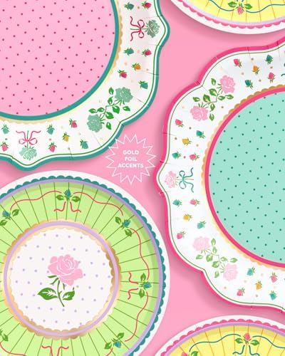 Platos para Fiesta de Té xo, Fetti - Paquete de 32, 16 de 9 + 16 de 7 | Decoraciones de Jardín, Cumpleaños, Pastel Rosa Verde Amarillo, Pascua, - imagen 3