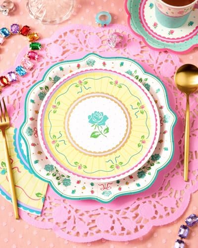 Platos para Fiesta de Té xo, Fetti - Paquete de 32, 16 de 9 + 16 de 7 | Decoraciones de Jardín, Cumpleaños, Pastel Rosa Verde Amarillo, Pascua, - imagen 4