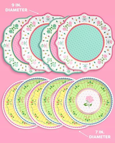 Platos para Fiesta de Té xo, Fetti - Paquete de 32, 16 de 9 + 16 de 7 | Decoraciones de Jardín, Cumpleaños, Pastel Rosa Verde Amarillo, Pascua, - imagen 5