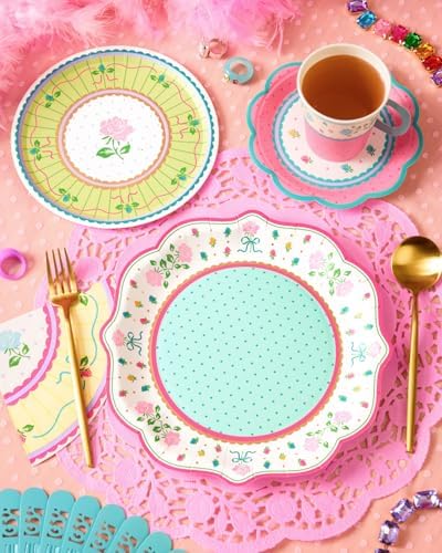 Platos para Fiesta de Té xo, Fetti - Paquete de 32, 16 de 9 + 16 de 7 | Decoraciones de Jardín, Cumpleaños, Pastel Rosa Verde Amarillo, Pascua, - imagen 6