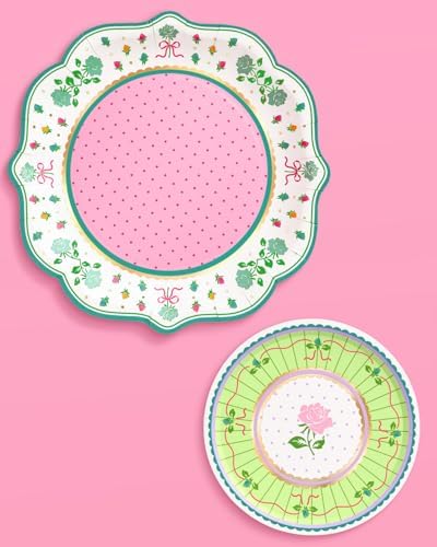 Platos para Fiesta de Té xo, Fetti - Paquete de 32, 16 de 9 + 16 de 7 | Decoraciones de Jardín, Cumpleaños, Pastel Rosa Verde Amarillo, Pascua, - imagen 8