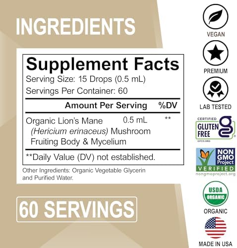 Gotas de Suplemento de Hongo Melena de León - Tinctura Líquida Orgánica para Enfoque y Salud Cerebral - Suplemento Vegano de 1oz - imagen 6