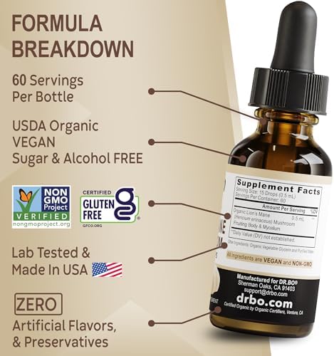 Gotas de Suplemento de Hongo Melena de León - Tinctura Líquida Orgánica para Enfoque y Salud Cerebral - Suplemento Vegano de 1oz - imagen 8