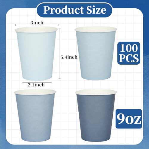 AimFun 100 Pzs Vasos de Papel Azul Polvoriento 9oz Gradiente para Fiestas, Desechables para Bebidas, Café y Té, Suministros para Cumpleaños y Baby - imagen 2