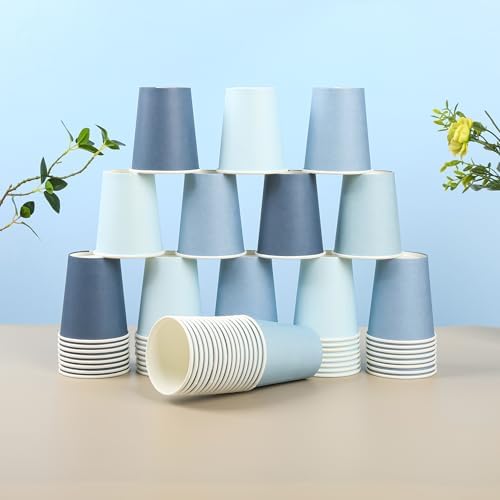 AimFun 100 Pzs Vasos de Papel Azul Polvoriento 9oz Gradiente para Fiestas, Desechables para Bebidas, Café y Té, Suministros para Cumpleaños y Baby - imagen 4