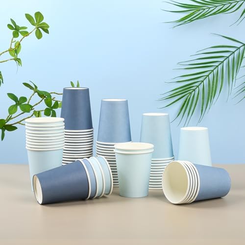 AimFun 100 Pzs Vasos de Papel Azul Polvoriento 9oz Gradiente para Fiestas, Desechables para Bebidas, Café y Té, Suministros para Cumpleaños y Baby - imagen 6