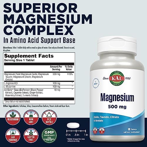 Tabletas de Magnesio KAL - Suplemento de Óxido, Taurato, Citrato y Orotato de Magnesio, 500 mg por Porción, Alta Absorción, Fórmula Bioavailable, No - imagen 2