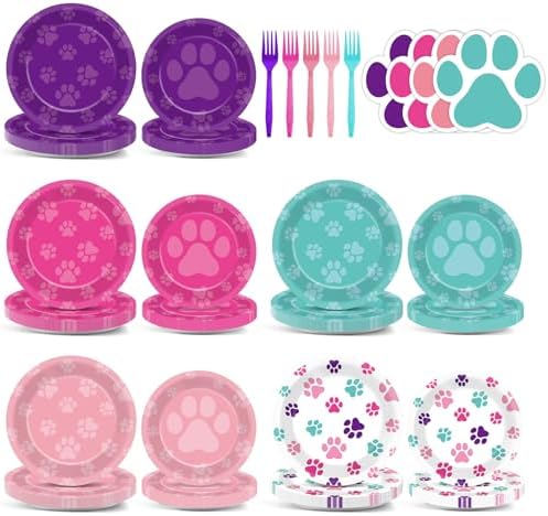 Juego de 100 Platos y Servilletas Desechables con Huellas de Perro en Azul, Rosa y Morado para Fiestas de Cumpleaños, Baby Shower, Sirve 25 Personas - imagen 1