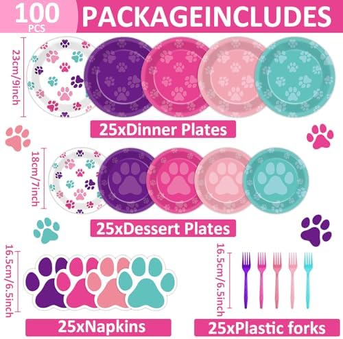 Juego de 100 Platos y Servilletas Desechables con Huellas de Perro en Azul, Rosa y Morado para Fiestas de Cumpleaños, Baby Shower, Sirve 25 Personas - imagen 2