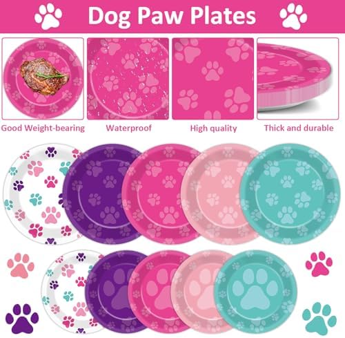 Juego de 100 Platos y Servilletas Desechables con Huellas de Perro en Azul, Rosa y Morado para Fiestas de Cumpleaños, Baby Shower, Sirve 25 Personas - imagen 3