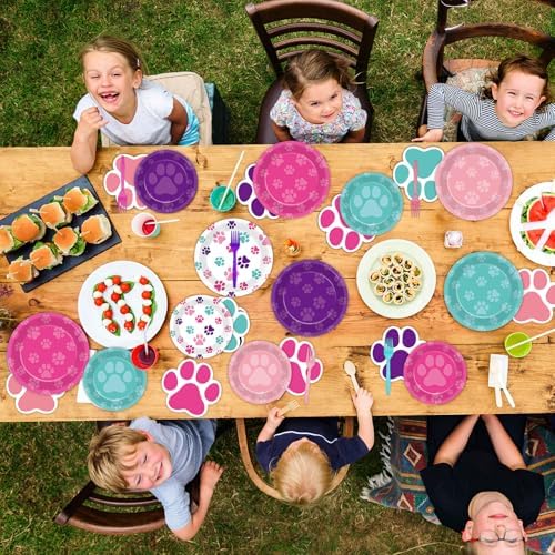 Juego de 100 Platos y Servilletas Desechables con Huellas de Perro en Azul, Rosa y Morado para Fiestas de Cumpleaños, Baby Shower, Sirve 25 Personas - imagen 5