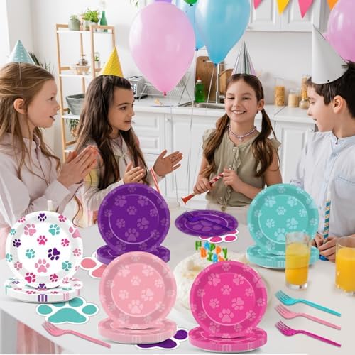 Juego de 100 Platos y Servilletas Desechables con Huellas de Perro en Azul, Rosa y Morado para Fiestas de Cumpleaños, Baby Shower, Sirve 25 Personas - imagen 6