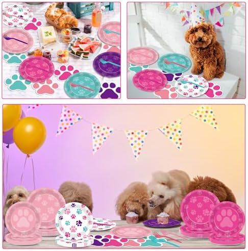 Juego de 100 Platos y Servilletas Desechables con Huellas de Perro en Azul, Rosa y Morado para Fiestas de Cumpleaños, Baby Shower, Sirve 25 Personas - imagen 7