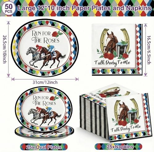 KTCNMER 50 Piezas de Platos de Papel Ovalados Grandes de 12 x 10 y Servilletas Desechables para Fiesta del Derby - imagen 2