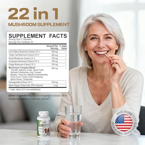 Suplemento de Hongo Melena de León 22 en 1 Nature Whisper con Ashwagandha y Pimienta Negra | Complejo de Hongos con Cola de Pavo, Reishi, Cordyceps, - imagen 3