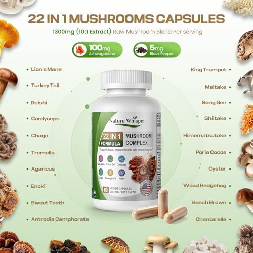 Suplemento de Hongo Melena de León 22 en 1 Nature Whisper con Ashwagandha y Pimienta Negra | Complejo de Hongos con Cola de Pavo, Reishi, Cordyceps, - imagen 4