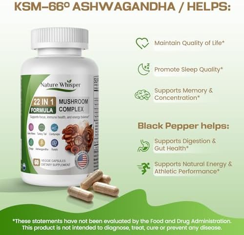 Suplemento de Hongo Melena de León 22 en 1 Nature Whisper con Ashwagandha y Pimienta Negra | Complejo de Hongos con Cola de Pavo, Reishi, Cordyceps, - imagen 6