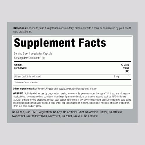 Suplemento de Orotato de Litio Piping Rock | 5mg | 180 Cápsulas | No GMO, Vegetariano, Sin Gluten - imagen 2
