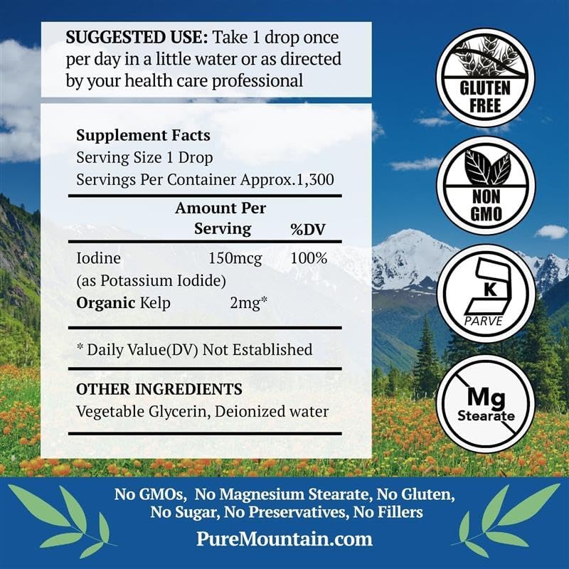 Gotas de Yodo Líquido 150 mcg - Suplemento de Yodo de Kelp Orgánico - 1300 Porciones - Vegano, Kosher y Sin Gluten - Solución de Yoduro 2 oz - imagen 2