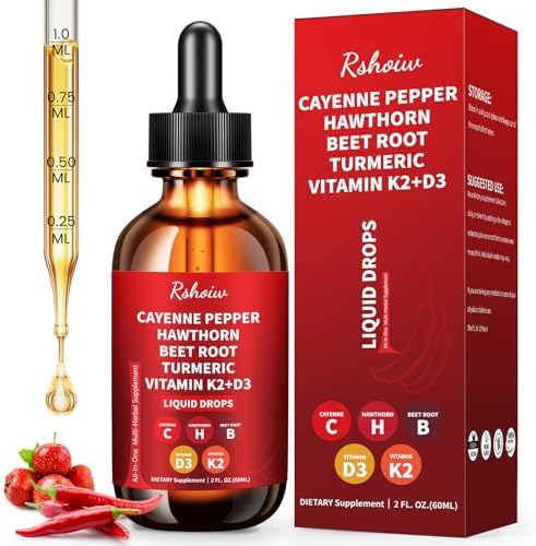 Suplemento Líquido de Gotas de Pimienta de Cayena con Baya de Espino, Vitamina D3 K2, Cúrcuma, Remolacha y Canela de Ceilán - 60ml Vegano - imagen 1