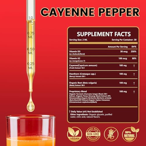 Suplemento Líquido de Gotas de Pimienta de Cayena con Baya de Espino, Vitamina D3 K2, Cúrcuma, Remolacha y Canela de Ceilán - 60ml Vegano - imagen 2