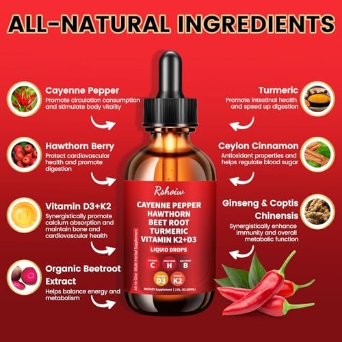 Suplemento Líquido de Gotas de Pimienta de Cayena con Baya de Espino, Vitamina D3 K2, Cúrcuma, Remolacha y Canela de Ceilán - 60ml Vegano - imagen 4