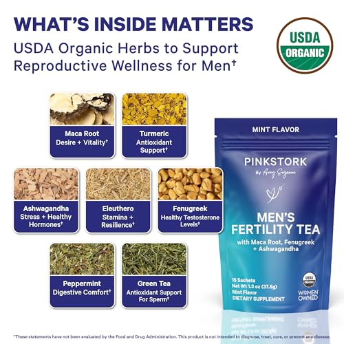 Té de Fertilidad BlueStork para Hombres: Suplementos Orgánicos con Té Verde, Raíz de Maca y Ginkgo Biloba, 15 Bolsitas, Salud Reproductiva Masculina - imagen 4