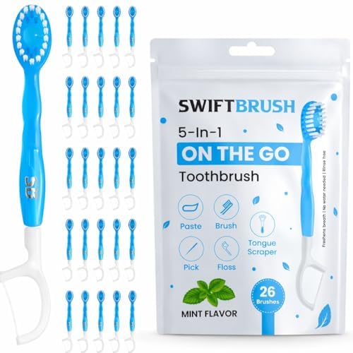 Cepillos de Dientes Desechables 5 en 1 para Viaje – Mini Cepillos con Pasta + Hilo Dental + Palillo + Raspador de Lengua | Envase Individual | Menta - imagen 1