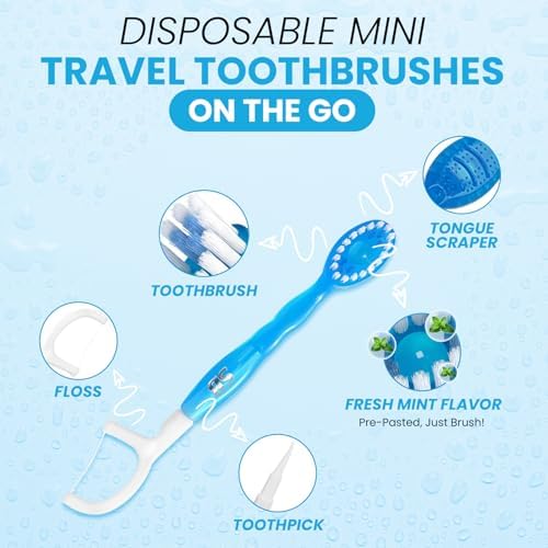 Cepillos de Dientes Desechables 5 en 1 para Viaje – Mini Cepillos con Pasta + Hilo Dental + Palillo + Raspador de Lengua | Envase Individual | Menta - imagen 2