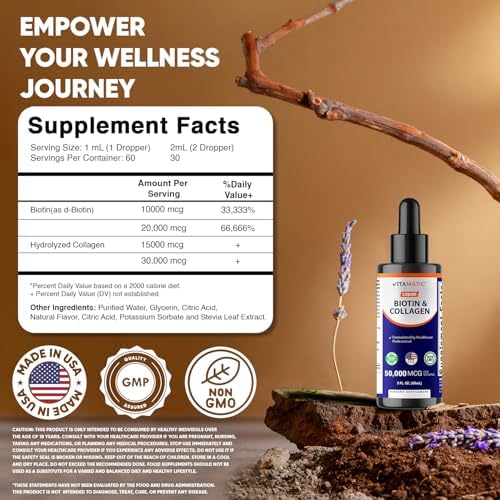 Gotas de Biotina y Colágeno Líquido Vitamatic – 50,000 mcg – 2 fl oz para un Crecimiento Saludable del Cabello, Piel Radiante y Uñas Fuertes – Para - imagen 2