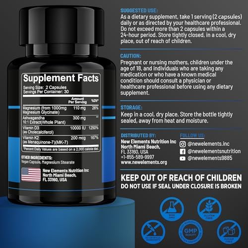 Glicinato de Magnesio 1500mg con Ashwagandha 300mg + Vitamina D3 10,000 UI y K2 (MK-7) 200mcg – Alivio del Estrés, Ánimo Tranquilo y Soporte Óseo – - imagen 8