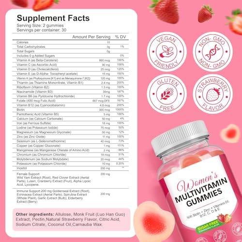 Multivitaminas Vceeoy para Mujeres, Gominolas con Minerales, Biotina + Zinc + Vitaminas B6, B12, C, D y E, Sabor Natural a Fresa, Sin Azúcar, 60 - imagen 5
