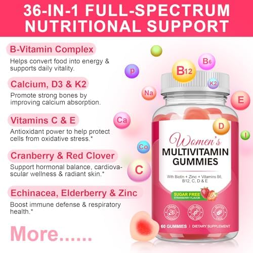 Multivitaminas Vceeoy para Mujeres, Gominolas con Minerales, Biotina + Zinc + Vitaminas B6, B12, C, D y E, Sabor Natural a Fresa, Sin Azúcar, 60 - imagen 7