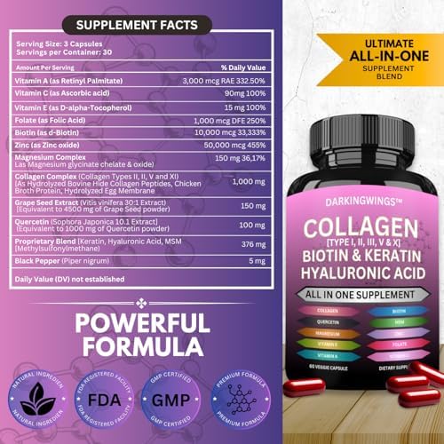 Píldoras de Colágeno Múltiple con Péptidos Tipos I, II, III, V & X, Biotina, Queratina, Ácido Hialurónico, MSM, Vitamina C, Zinc, Magnesio y Extracto - imagen 2